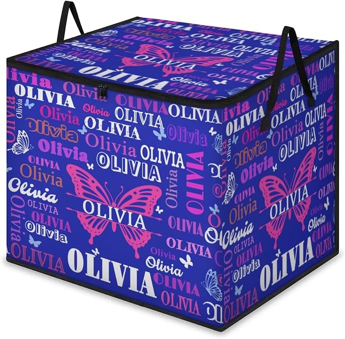 Custom Name Large Clothes Storage Organization with Lids, Kids Toys Bin Shelf Basket, Bedding Clothes Towel Navy Blue Butterflies Storage Bin for Nursery, Gift Basket, Pet Basket