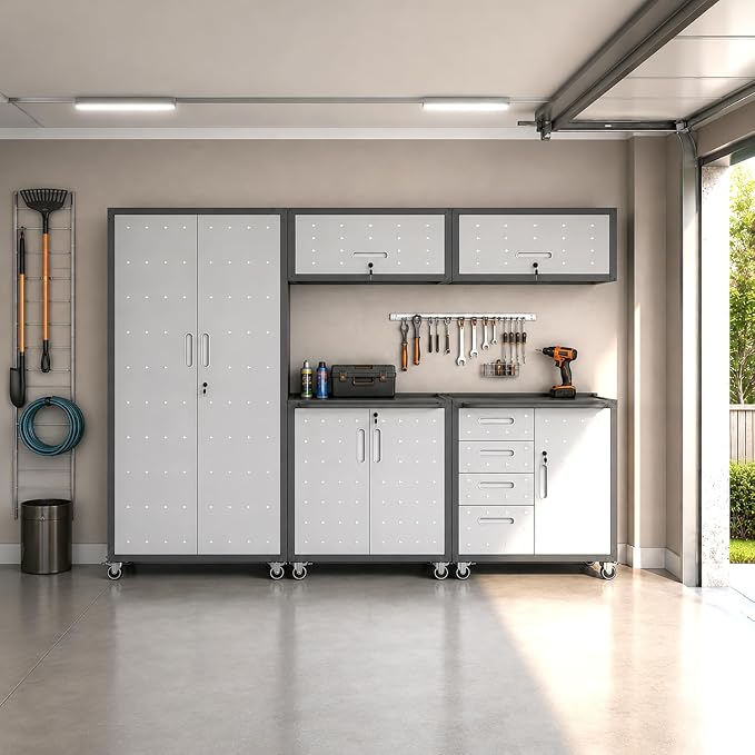 Metal Garage Storage Cabinet System,5 Pcs Workshop Tool Cabinet Set in Gray | Including 2 Pcs Wall Cabinets 3 Pcs Garage Tool Cabinets with Wheels,Assembly Required