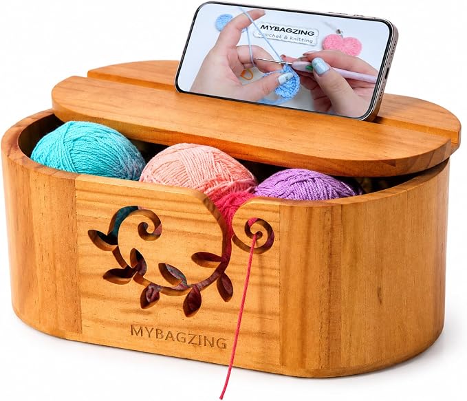 MYBAGZING Wooden Yarn Bowl with Lid, Large Acacia Crochet Yarn Holder with Phone Stand & Tool Tray, Yarn Storage Organizer for Knitting & Crocheting, Floral Design Gift for Crocheters