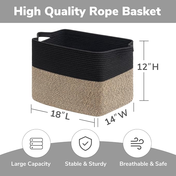 Goodpick 50L Large Woven Storage Basket, 18" x 14" x 12", Black Jute | Decorative Gift Basket for Nursery & Bedroom Organization, Wicker Baskets for Blankets, Pillows & Toys Storage, Rectangle
