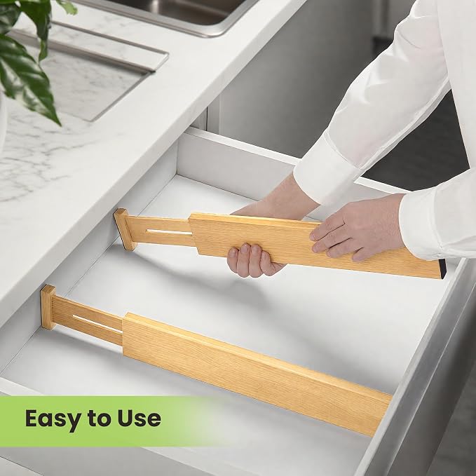Fyvva Drawer Organizer, Spring-Loaded Expandable Bamboo Dividers 4-Pack | Large Kitchen Drawer Organizer, Adjustable 16.9 to 22.2 in, 2.3in High Non Slip for Kitchen Clothes Bathroom Office Natural