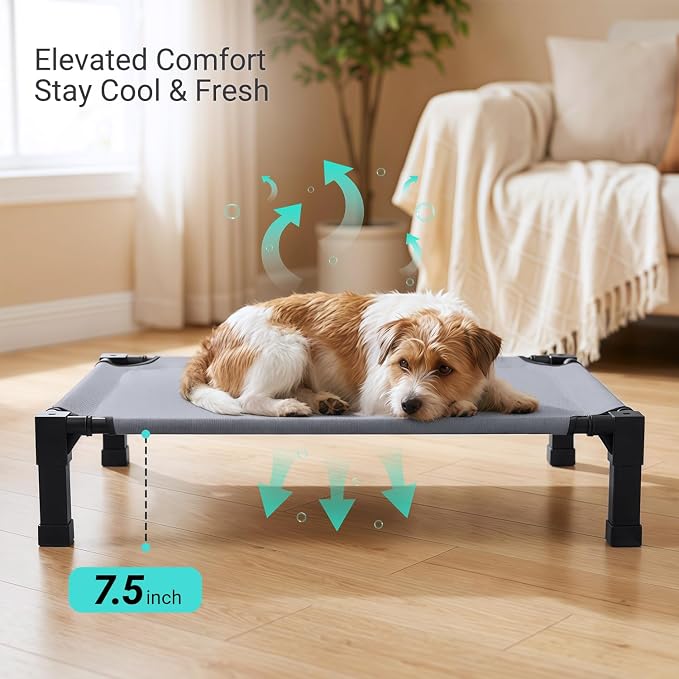 Elevated Outdoor Dog Bed, Raised Dog Bed with Steel Framed 35in | Cooling Elevated Pet Cot with Non-Slip Feet, and Waterproof, Washable, Breathable Teslin Mesh