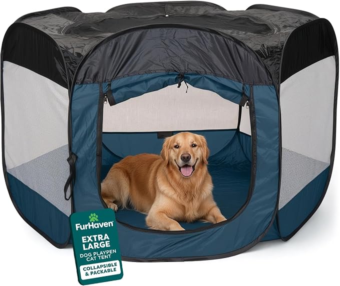 FurHaven Soft-Sided Dog & Cat Playpen, Portable Foldable Indoor & Outdoor Pet Playpen with Mesh Windows & Zippered Door, Sailor Blue, Extra Large
