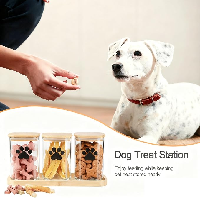 37oz Glass Dog Treat Jars Set of 3,Clear Dog Treat Container with Bamboo Lids,Airtight Cat Treat Jar,Small Pet Treat Canister,Puppy Food Bin-Keep Fresh Crispy-Square