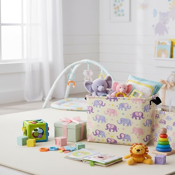 Kid Cute Rectangle Storage Basket Baby Toy Clothes Storage Bin Nursery Playroom Bedroom Decor Basket (Pink&Purple Elephant)