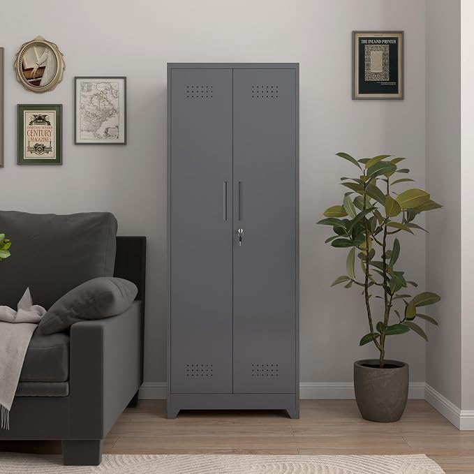65''H Garage Storage Cabinets, Metal Locking Storage Cabinet with Doors and Shelves, Utility Closet Cabinet with Hanging Rod, Cleaning Storage for Kitchen, Office, Garage