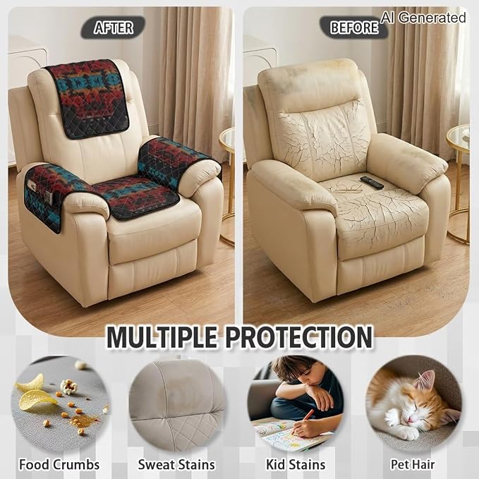 Aztec Geometric Recliner Chair Covers with Pockets 4-Piece | Tribal Quilted Recliner Furniture Protectors for Reclining Chair Lazy Boy Recliners Armchair, Pet Friendly Non Slip