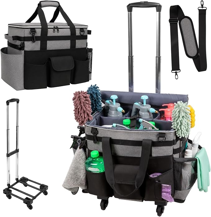Large Rolling Cleaning Caddy with Wheels, Cleaning Supplies Organizer | With Detachable Trolley, Water-resistant Cleaner Cart for Housekeepers, Multi Pocket Cleaning Cart with Strap, Gray