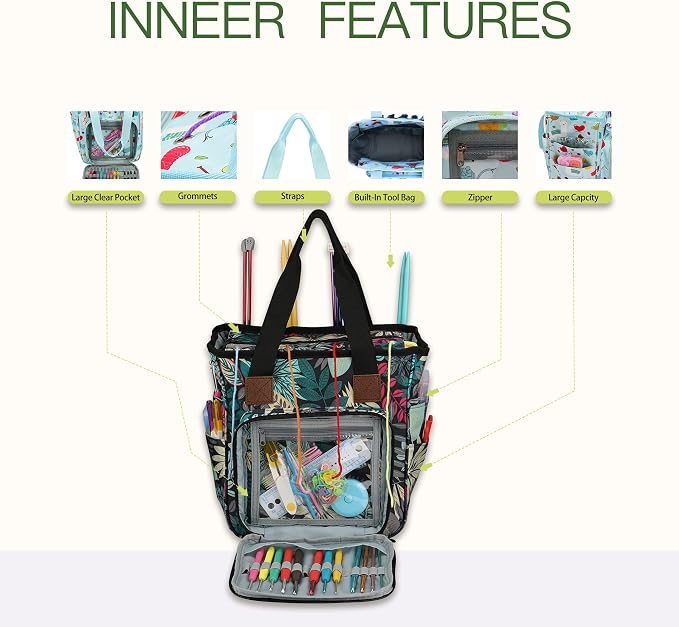 Yarn Knitting Storage Tote-Large Capacity Crochet Organizer Portable Travel Bag with Shoulder Strap Crochet Hooks Case for Unfinished Bulk Project