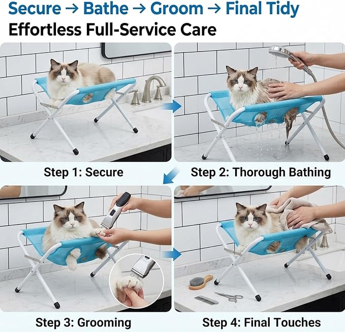 2-in-1 Foldable Pet Grooming Bed, Pet Comfort Grooming Stand，Blue | Foldable Pet Grooming Hammock, Bathing Stand with Breathable Mesh for Nail Trimming, Bathing, Haircuts, Easy Assemble