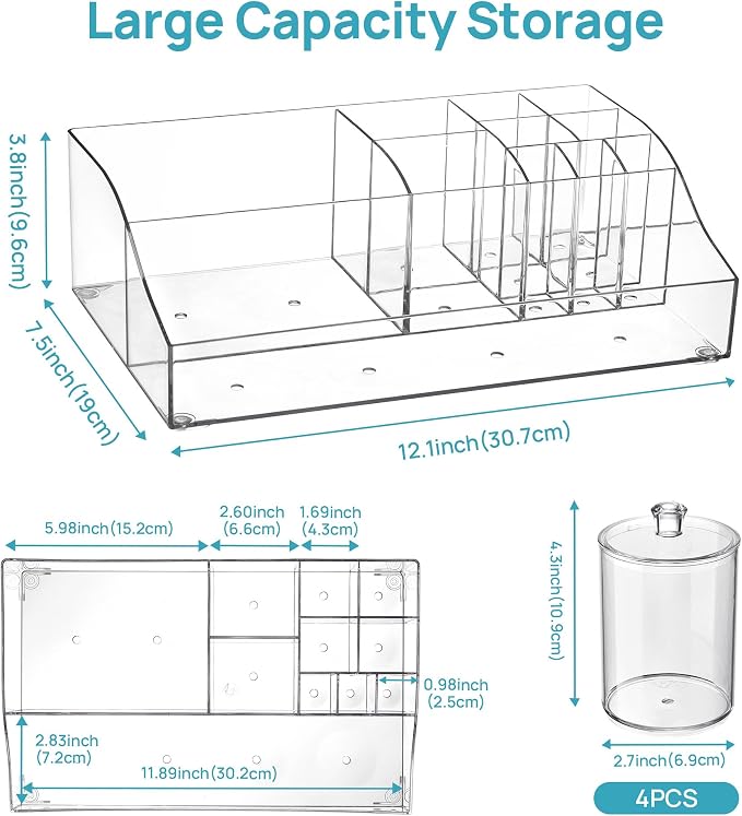 Vtopmart 5 PCS Bathroom Countertop Organizer Sets | 1 Divided Tray, 4 Qtip Holder Jars, Clear, For Toothbrush, Cotton Pads, for bathroom countertop