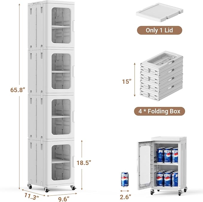 BROVIEW 4-Tier Tall Narrow Storage Cabinet Organizer, Slim Bathroom Cabinets with Adjustable Shelves and Doors, Plastic Kitchen Pantry Organizers and Storages for Small Space, Laundry, White