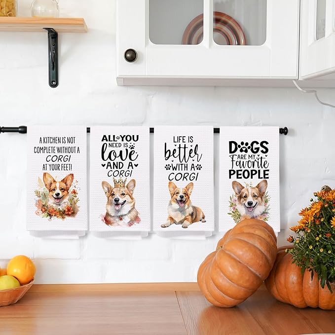 SPBL&L Corgi Dog Kitchen Towels Set of 4, Corgi Gifts for Women, Corgi Decor Tea Dish Towels for Kitchen, Corgi Dog Decorative Hand Towels for Bathroom, 16x24 Inches