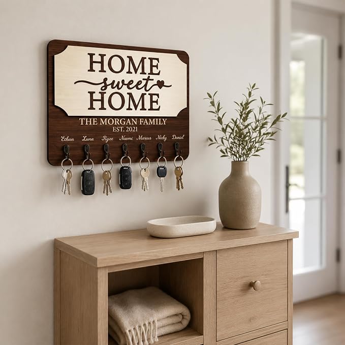 Personalized Key Holder Wall Mount, Custom Wooden Key Hanger with Family Name & Year, Rustic Home Sweet Home Keychain Holder for Wall, Entryway Keys Hook Rack, Housewarming Gifts, Hallways Décor