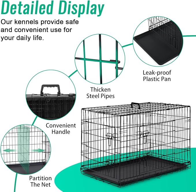 FDW Dog Crate for Large Dogs 42 Inch Folding Metal WirePet Cage Double Door W/Divider Panel Indoor Outdoor Kennel Leak-Proof Plastic Tray,Black | Heavy Duty, Portable Wire Kennel with Double Door, Divider & Leak-Proof Tray | For Training, Home, Travel ...