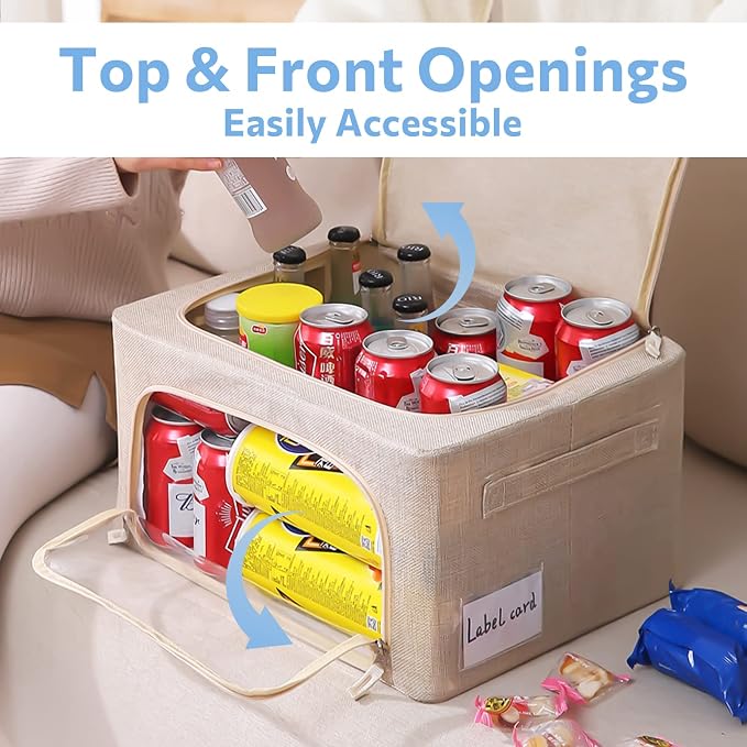 CYhom 3Pack Foldable Storage Bins - Frame Storage Box Linen Fabric Stackable Clothes Container Organizer with Clear Window & Carry Handles Large Capacity (Small-22L, Beige)