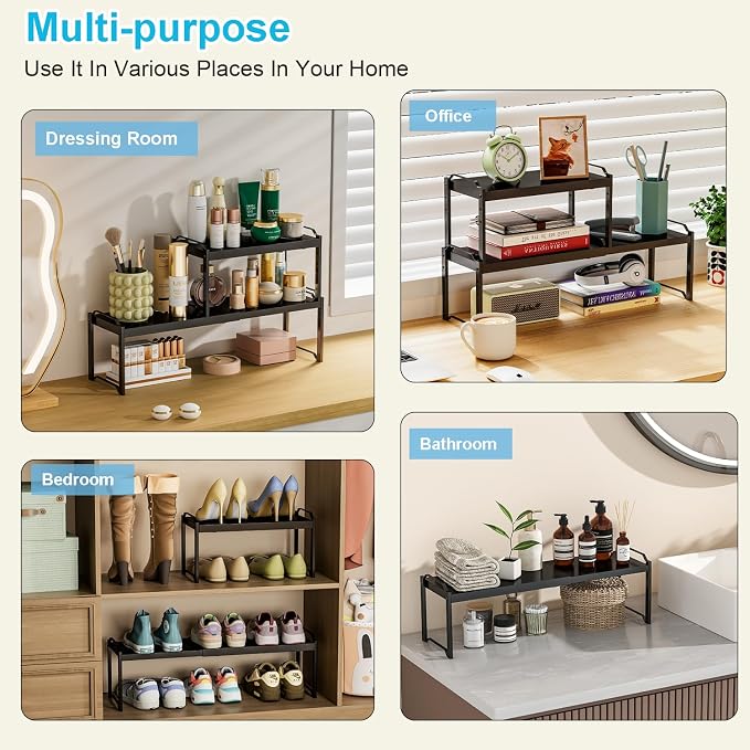Expandable Cabinet Shelf Organizer, Adjustable kitchen Countertop Storage | 2 Pack Stackable Metal Kitchen Cabinet Countertop Storage Shelves, Heavy Duty Counter Cupboard Pantry Organizers, 20.5" Long
