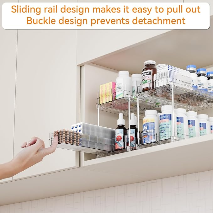 2 Tier Sliding Spice Racks for Cabinets,4 Pack 10.4'' Deep Narrow Vertical Spice Rack Pull Out for Inside Cabinets,Kitchen,Pantry,Cupboard Seasoning,Jar Organizer and Medicine Cabinet Storage
