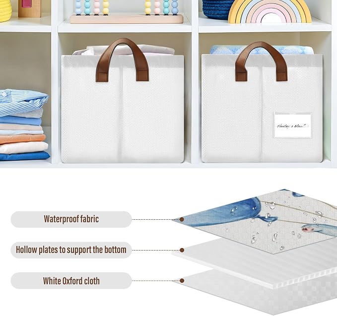Cute Baby Elephant with Blue Balloon Storage Basket with Labels&Handles Rectangular Waterproof Nursery Storage Bins Collapsible Shelf Organizer Baskets for Kids Books Gift Basket Toys Laundry, 2 PC