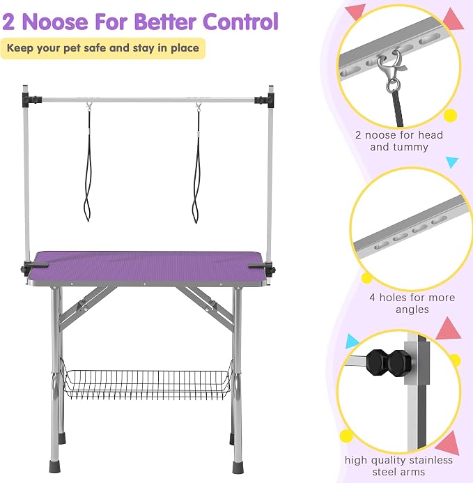 36'' Stainless Steel Pet Dog Grooming Table, Arm/Noose/Tray, Purple | Foldable Dog Grooming Table for Dogs at Home, Adjustable Height Arm, Non-Slip Waterproof Tabletop, Capacity 330Lb