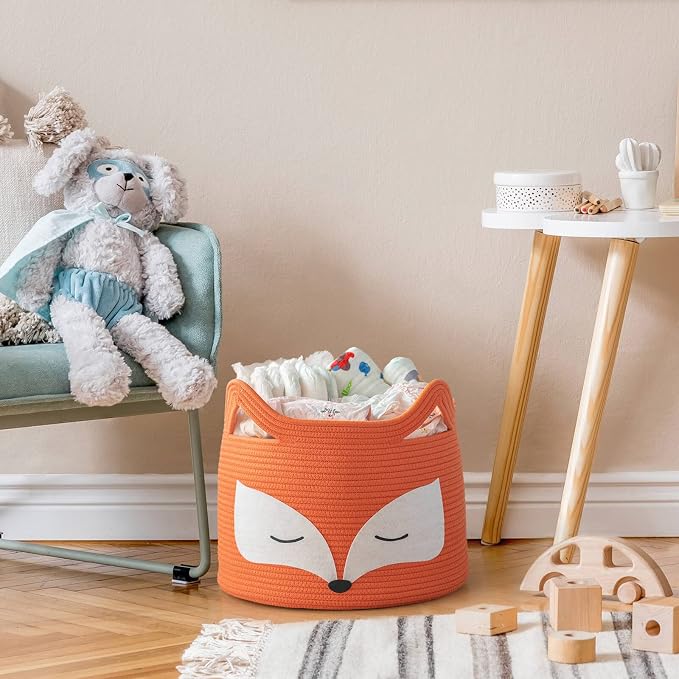 Fox Large Woven Rope Toy Basket for Home Décor, Orange | 15.7" x 11.8" Animal Toy Bin for Living Room Nursery, Baby Storage Basket for Towels, Blankets, with Sturdy Handles