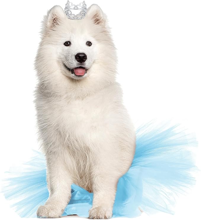 2 Pcs Dog Crown Headband Dog Tutu Dress Set Crystal Rhinestone Tiara Crown Tutu Skirt Pet Dress Costume for Puppy Birthday Party Wedding Photo Prop Costume(Blue,Large)