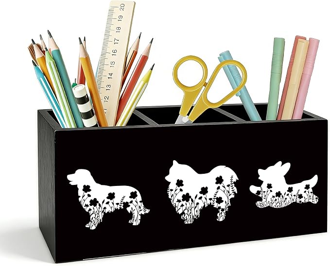 Dog Pen Holder for Desk, Pet Lover Owner Gifts, Black and White Floral Dog Wooden Box Pencil Pen Holder Organizer for Home Office Desk Accessories