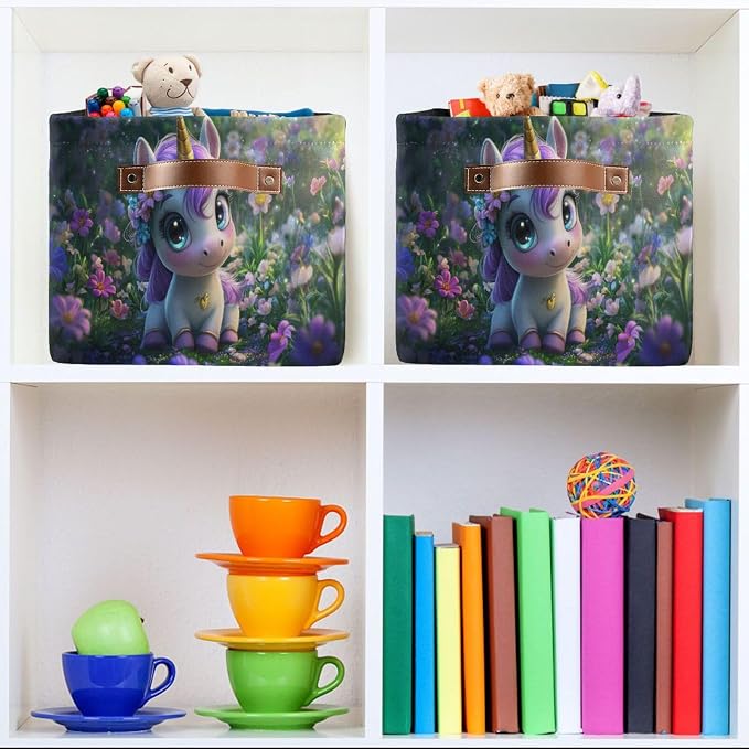 Unicorn Dreamy Green Rectangular Storage Bin Basket with Handles - Laundry Storage Basket Organizer Bins for Pets Room Books Closet