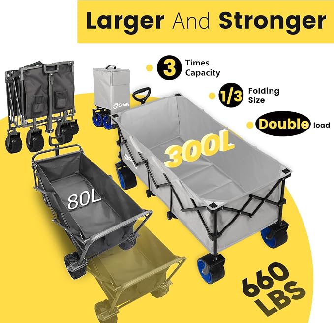 Sekey Extended Collapsible Foldable Wagon with 660lbs Weight Capacity, Heavy Duty Folding Utility Garden Cart with Big All-Terrain Beach Wheels & Drink Holders. Light Gray