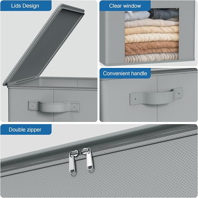 Zilink Fabric Storage Bins with Lid Closet Storage Bins, Light Grey, 4Pack | Stackable, Smooth Zipper, Clear Window, Sweater Organizer, Closet Organizers and Storage Box for Home, Bedroom