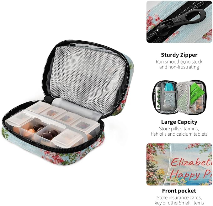 Custom Pill Box 7 Day Pill Case Bag Oil Painting Sea Flowers Personalized Name Travel Pill Organizer Bag with Zipper Portable Weekly Case Compact Size for Vitamin Supplement Holder