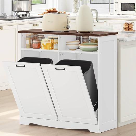 HOOBRO Double Tilt Out Trash Can Cabinet, 20 Gallon Kitchen Trash Bin Cabinet, Hidden Trash Storage with Open Compartments, Hidden Laundry Hamper, for Kitchen, Laundry, White and Walnut WH04LJ01