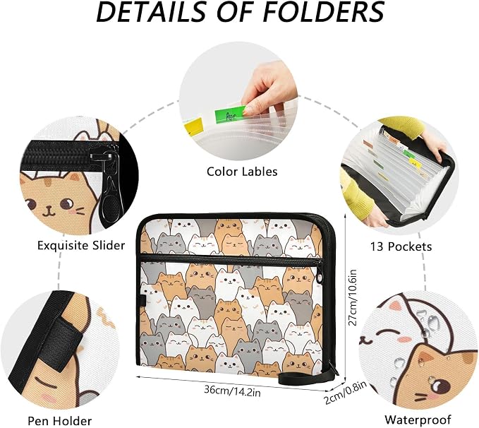 Cartoon Kitten 13 Pocket File Organizer Expanding File Folder with Front Pouch Portable Business File Storage Document Organizer Folder with Zipper