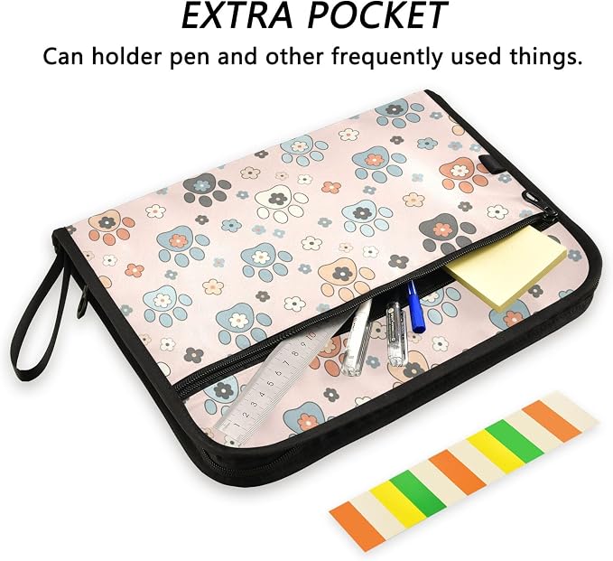 Cute Pet Paw Flowers Expanding File Folder with Sticky Labels, 13 Pockets Accordion File Folder Document Organizer Expandable Zip File Folder with Zipper Closure