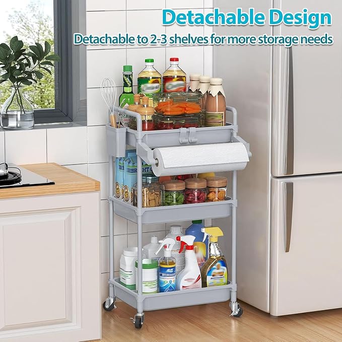 SPACEKEEPER Rolling Storage Cart, 3 Tier Utility Cart for Bathroom, Grey | Rolling Cart with Lockable Wheels, Towel Rack, Hooks & Cup for Laundry Room,Kitchen,Office, Snack,Craft,Art,Makeup,Nail,Toys