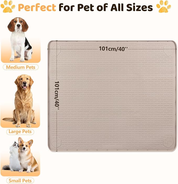Silicone Dog Bed Mat 40"x 40" Crate Mat for Dog Cages, Khaki | Extra Large Kennel Mat with Raised Edge, Washable, Leakproof, Waterproof Dog Mat for Crate, Dog Floor Mat to Protect Floors