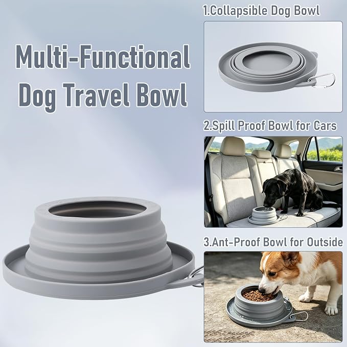Spill Proof Dog Water Bowl for Car Road Trip, Collapsible Pet Travel Bowl | Silicone Foldable Dog Bowl, No Splash Water Dish on Car, Ant Away Food Feeder Travel Bowl for Pets Camping Hiking Trips