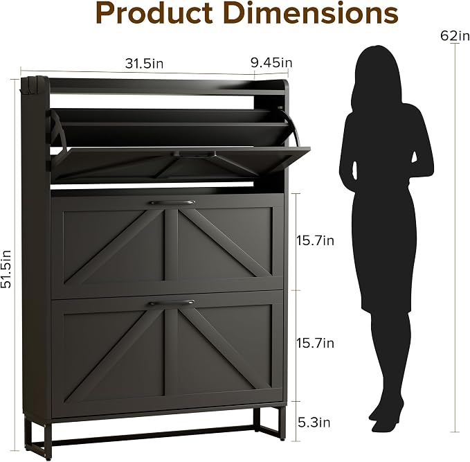 Urban Deco Entryway Shoe Storage Cabinet with 3 Flip Drawers, Elegant Stable Freestanding Shoe Organizer, Anti-Tipping Design (Black)