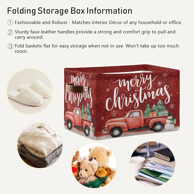Christmas Red Snowman Truck Print Rectangular Storage Bin Basket with Handles - Laundry Storage Basket Organizer Bins for Pets Room Books Closet