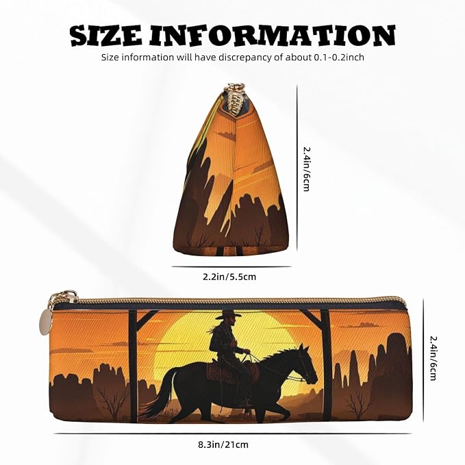 Leather Pen Case with Zipper - Aesthetic Pen Holder Cowboy Riding Ranch Desert Pencil Case for Women & Men - Handcrafted Pencil Bag Multi-Functional Travel Cosmetic Case for Work Office Tool Pouch