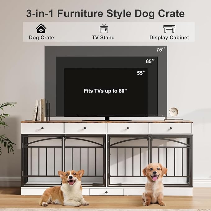 Dog Crate Furniture for 2 Dogs, Double Dog Crate TV Stand, White | 78.7'' Large Dog Kennel Indoor, 4 Storage Drawers and Feeding Bowls, Pet Kennel for Small and Medium Dogs