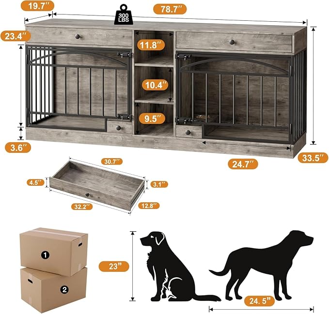 Dog Crate Furniture for 2 Dogs, Double Dog Crate TV Stand, Gray | 78.7'' Large Dog Kennel Indoor, 2 Storage Drawers, 3 Shelves and Feeding Bowls, Pet Kennel for Small and Medium Dogs