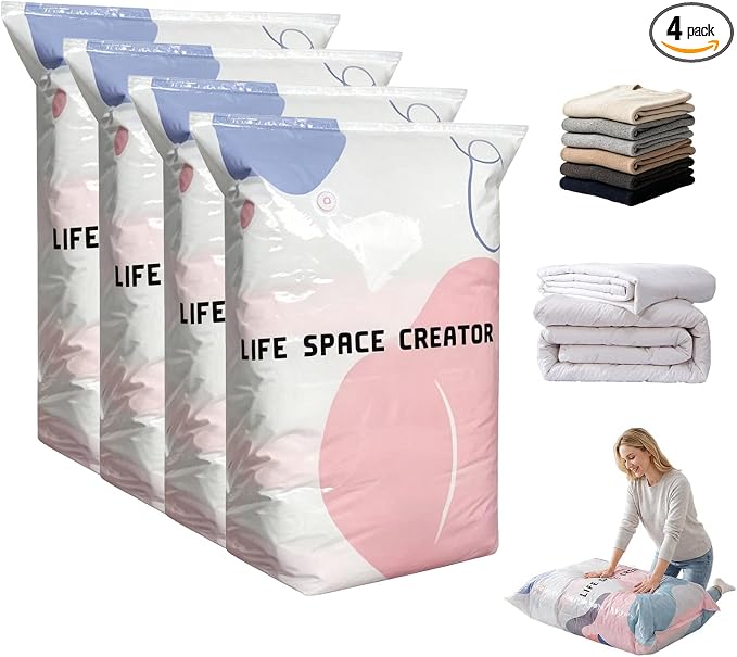 No Pump 3D Vacuum Storage Bags, Moisture and Dust Proof Closet Organizer Storage Bags, Reusable Space Saving Sealable Bags for Clothes, Duvets (4, Large)