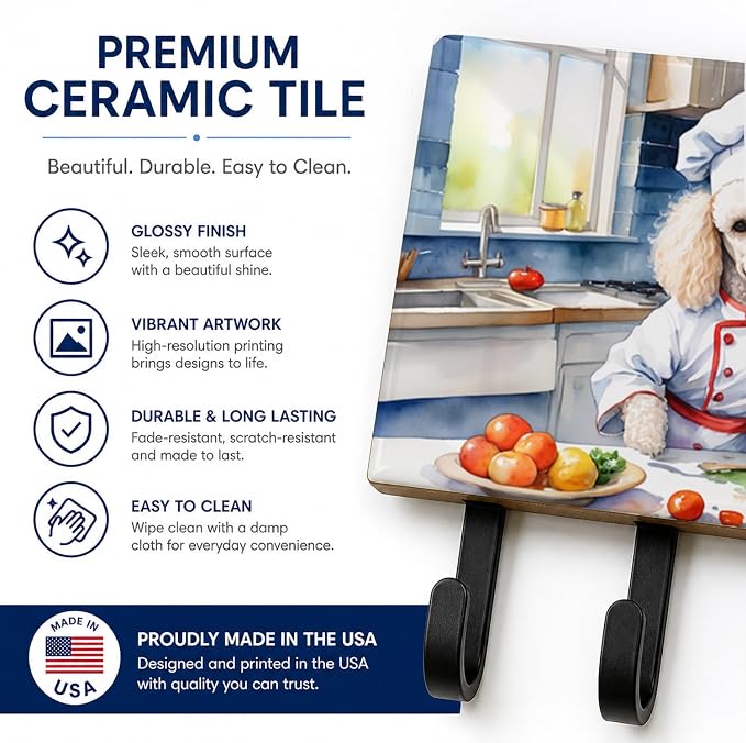 Caroline's Treasures White Poodle The Chef Leash or Key Holder Wall Hooks, Key Hooks Holder, Coat Rack Wall Mount, Coat Hooks, Hooks for Hanging Keys, Towels, Aprons, Leashes | White Poodle The Chef artwork on ceramic tile with three steel hooks for ke...
