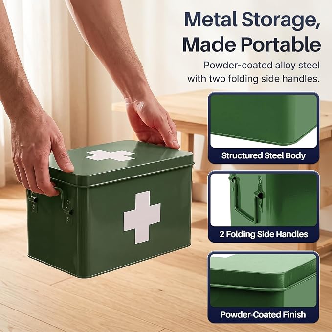 Flexzion Large Metal First Aid Box Empty, 13-Inch, Green with White Cross | Vintage Medicine Box and First Aid Storage Organizer with Removable Tray and Dividers; Empty Box Only, Supplies Not Included