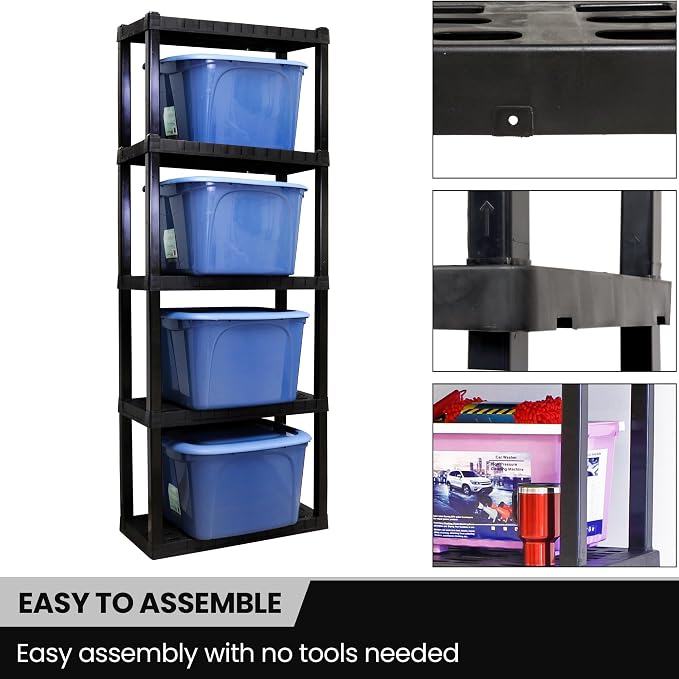 Oskar Heavy Duty Plastic Storage Shelves- for Garage, Kitchen, Bathroom Basement Kids Room, Stackable 5-Tier Black, Organizer Rack for Books Shoes, Toys, Pantry, Cleaning and Closet Organization