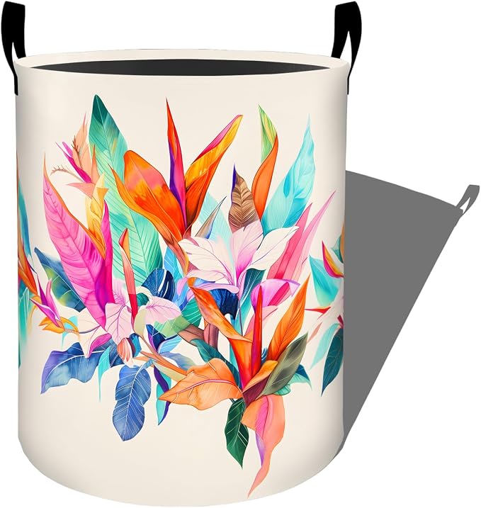 Bright Tropical Leaf Laundry Basket with Handles, 19.7"x15.7" Clothes Foldable Rainbow Colors Leaf Laundry Hamper Organizer for Dorm Nursery Bedroom Bathroom Decor, Toy Storage Bin for Kids