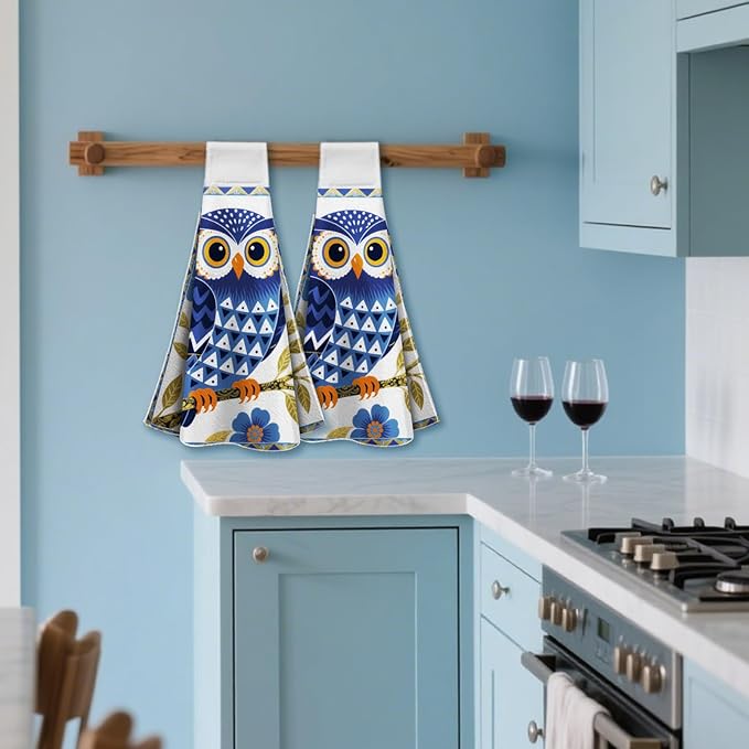 CUTHOLLOW Blue Owl and Flower Hanging Kitchen Towels with Loop, Set of 2 - Soft & Super Absorbent Microfiber Decorative Hanging Dish & Hand Towel, Tea, Coffee Towel for Kitchen Bathroom Oven Handle
