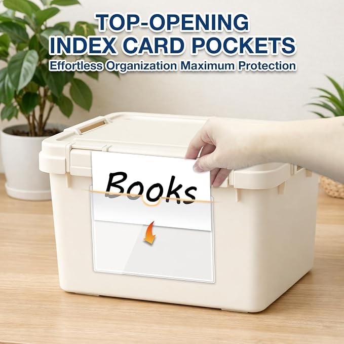H4D 48 Pack labels for Storage Bins, 3" x 5" Plastic Clear Adhesive Pockets | Top-Open Index Card Holder, Waterproof & Removable Labels for Storage Bins, Totes, Containers, Shelves & Library Organization