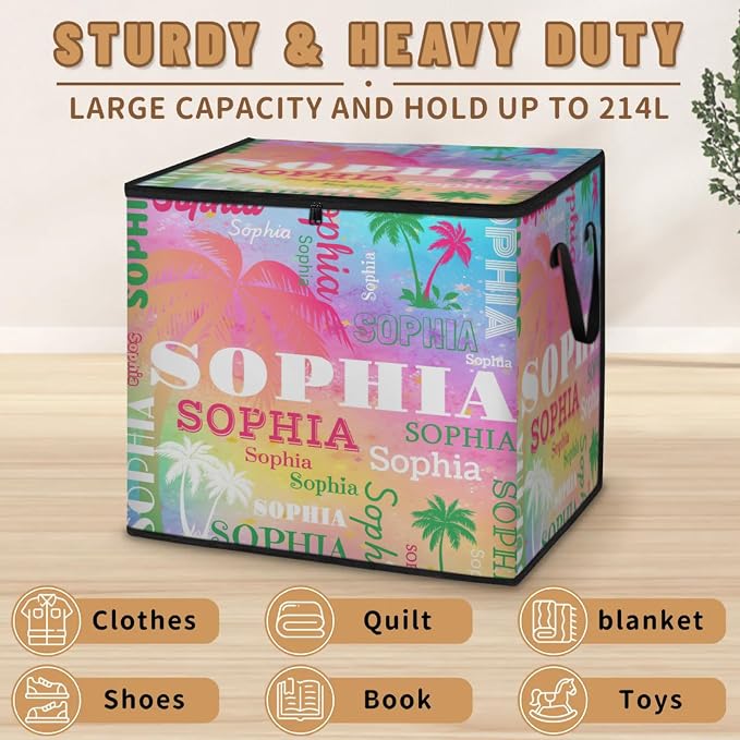 Custom Extra Large Storage Baskets Name with Lid, Green Pink Tropical Palm Tree Personalized Storage Bins Boxes Handles for Clothes Blanket Bedroom Closet Shelves, Painted Blue Pink Background